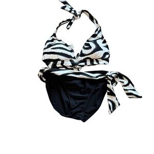 Sand N Sun Zebra Print Halter Bikini Set Black White Tie Side Swim Size M